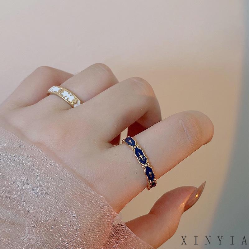 【COD】Cincin Wanita Pola Putih Fashion Vintage Ins Temperamen Korea Cincin Silang Biru