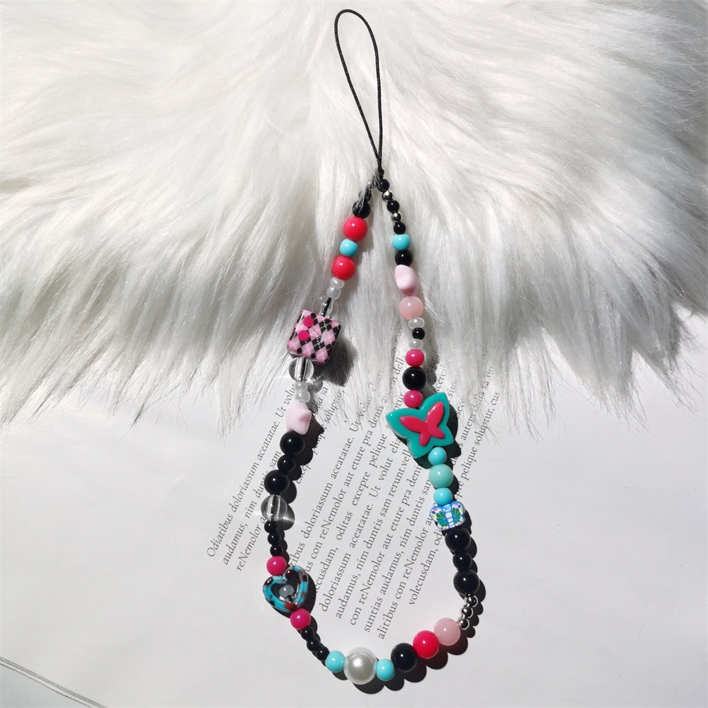 Y2k Gaya Kupu-Kupu Dadu Rantai Ponsel Anti Hilang Lembut Tembikar Tali Strap Lanyard Manik-Manik Akrilik Warna-Warni Kasus Ponsel Kabel Gantung L158-1