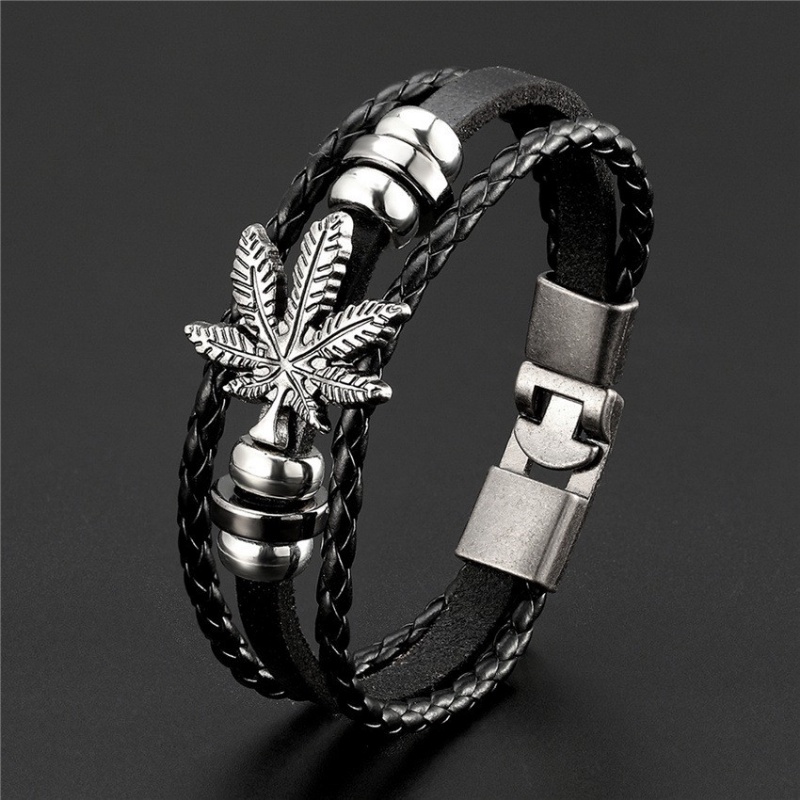 [X C Gelang] Baru Maple Leaf Style Gelang Kulit Hitam Vintage Hip Hop Punk Gelang Kulit Lengan Manik-Manik Multilayer Zinc Alloy Anyaman Gelang