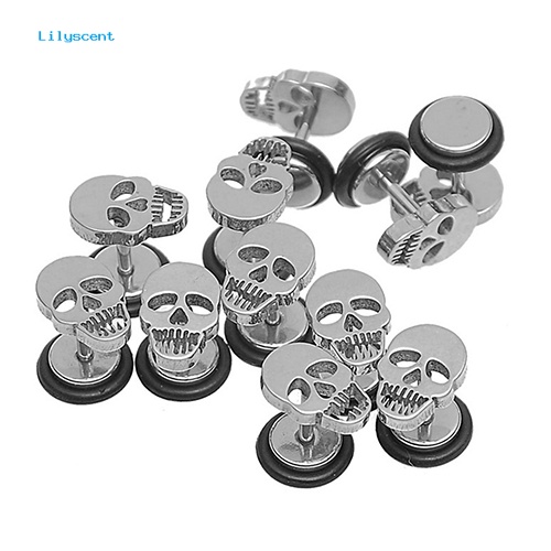 Lilyscent 1pasang Unisex Punk Gothic Stainless Steel Barbel Tengkorak Telinga Studs Anting Perhiasan