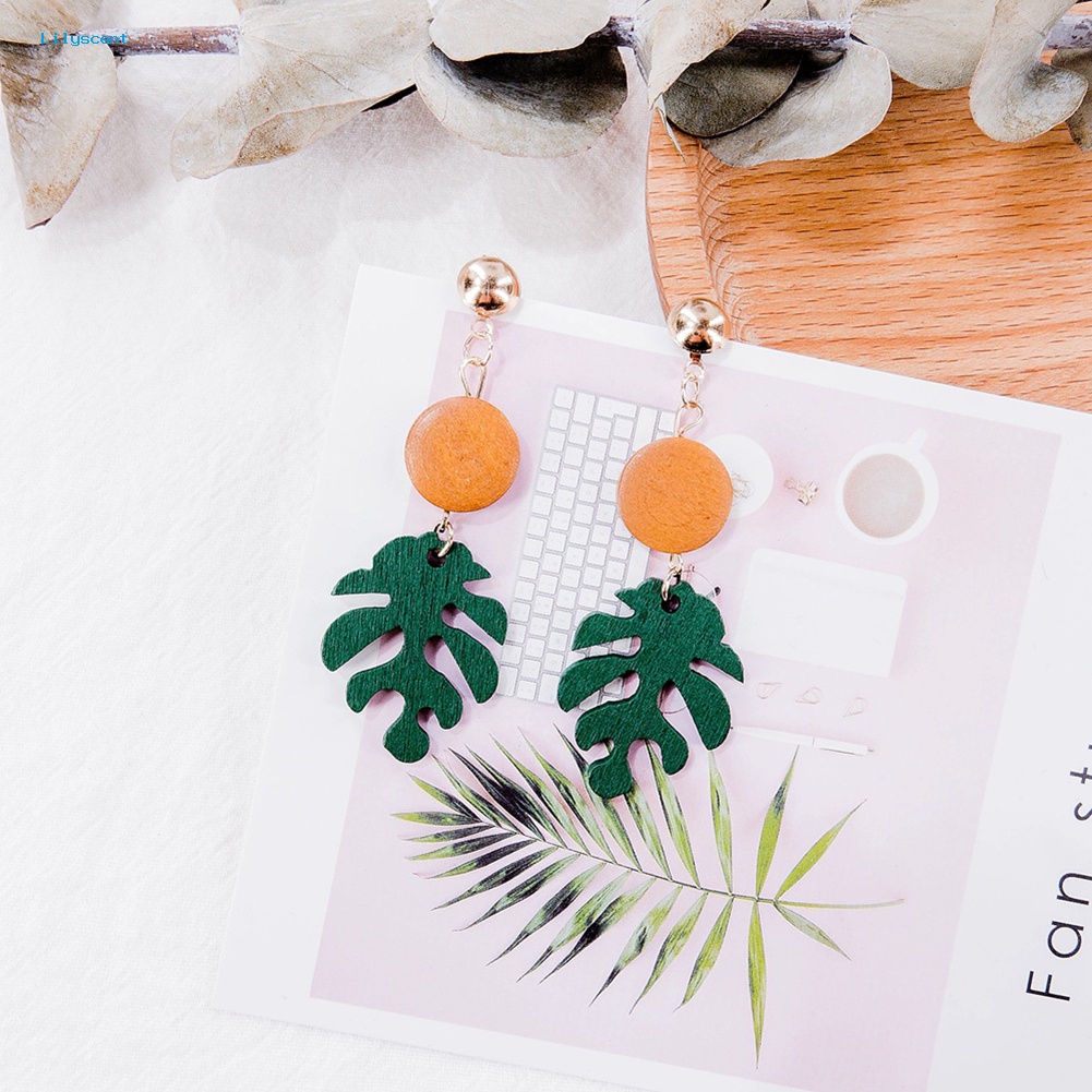 Lilyscent Bohemian Kayu Monstera Daun Menjuntai Wanita Stud Earrings/Klip Telinga Perhiasan Hadiah