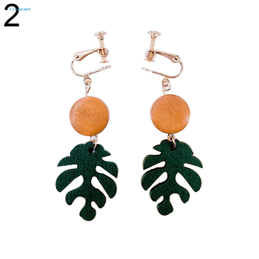 Lilyscent Bohemian Kayu Monstera Daun Menjuntai Wanita Stud Earrings/Klip Telinga Perhiasan Hadiah