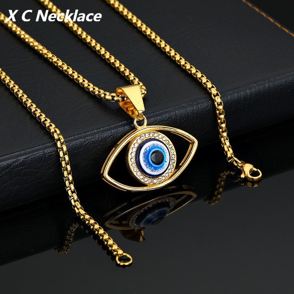 [X C Kalung] Warna Emas Zirkon Hias Mata Keberuntungan Baja Titanium Hip Hop Vintage Pria Dan Wanita Kalung Pesta Ulang Tahun Hadiah Fashion Liontin