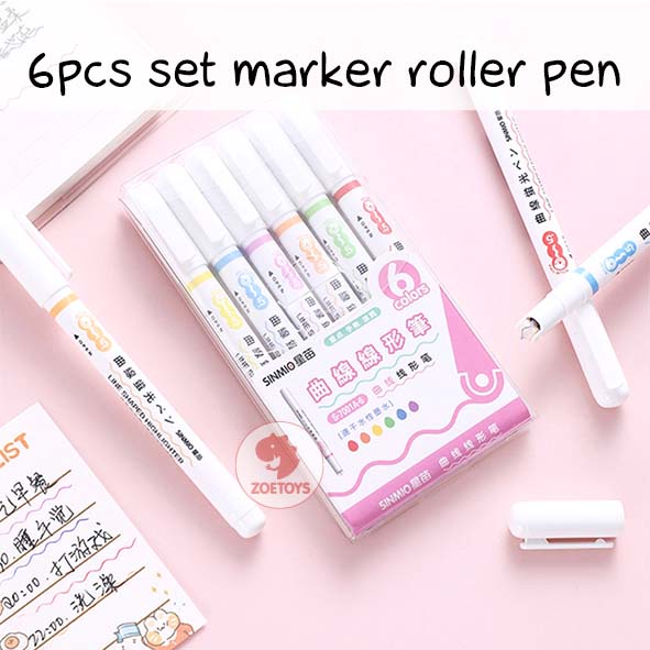 Zoetoys 6pcs Set Marker Roller Pen | Line Shapes Colorful Drawing Tools Art Stationery Supplies | Spidol Garis Bentuk Bunga Line Makers Set