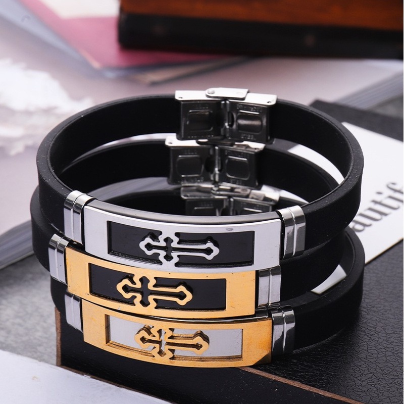 Z H Perhiasan Vintage Hip Hop Rock Stainless Steel Salib Silikon Gelang Untuk Pria Dan Wanita Fashion Pasangan Gelang Hip Hop Pesta Perhiasan Aksesoris