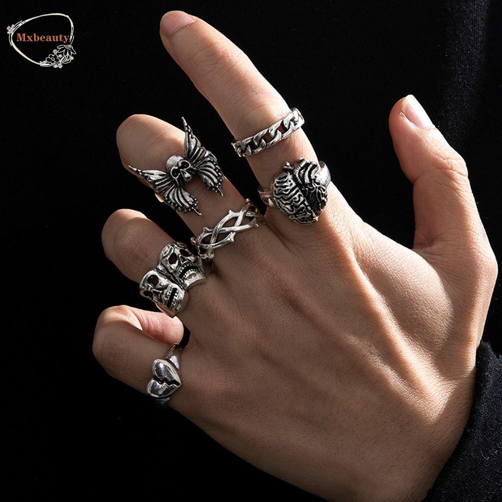 Mxbeauty Butterfly Ring set 6pcs/set Unik Vintage Fashion Tengkorak Kepribadian Hadiah Hari Valentine Paduan Gaya Korea Jari Cincin