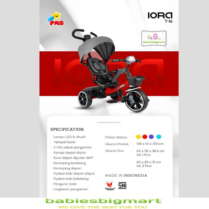 Sepeda Anak Roda 3 Tiga Pmb Iora T 16 Sepeda Stroller Bisa Atur Sandar Multifungsi Terbaru