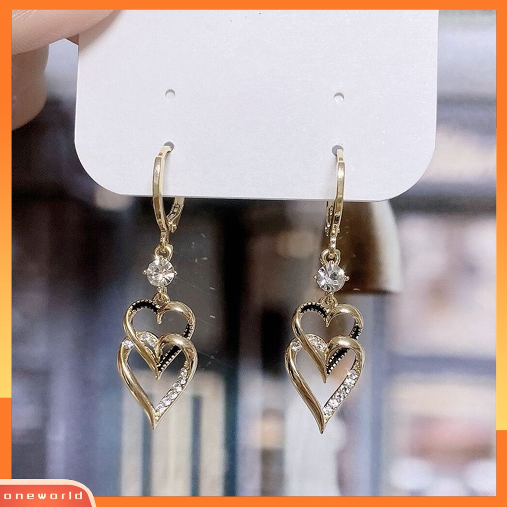 [EONE] 1pasang Anting Menjuntai Retro Gaya Korea Double-layers Cinta Hati Berkilau Berlian Imitasi Drop Earrings Fashion Perhiasan