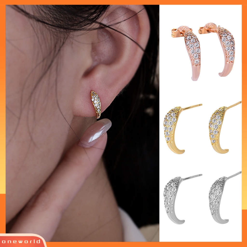[EONE] 1pasang Ear Studs Super Shiny Full Rhinestones Sparkling Geometric Electroplating Hias Hadiah Wanita Bulan Sabit Stud Earrings Perhiasan Untuk Pacaran