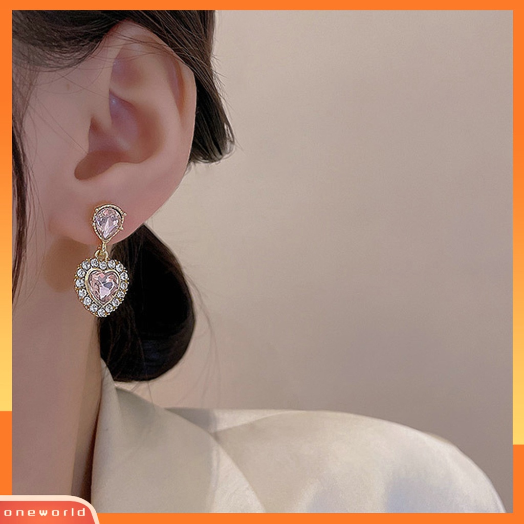 [EONE] 1pasang Menjuntai Anting Berlian Imitasi Geometris Electroplating Cahaya Mewah Hati Drop Earrings Perhiasan Aksesori