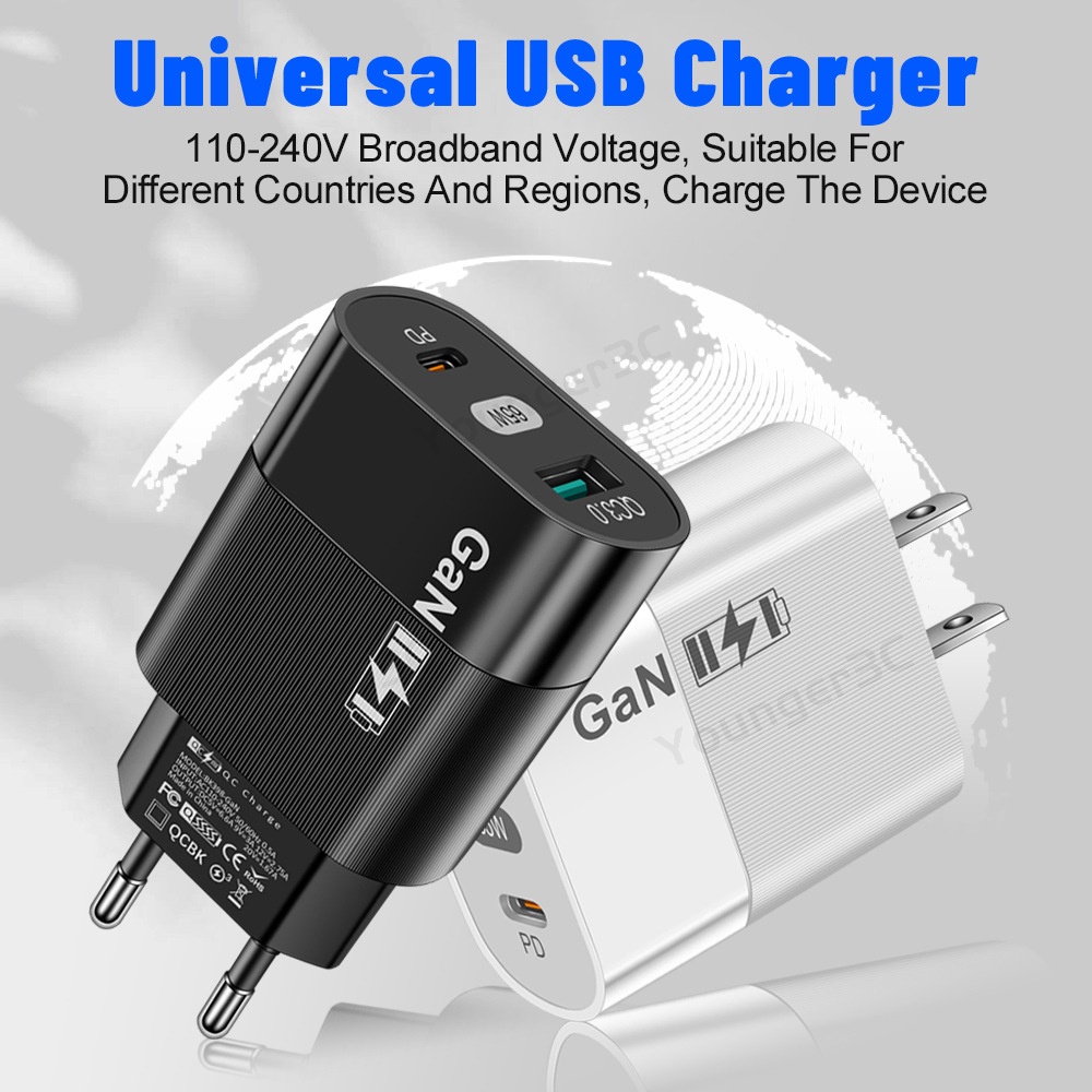 65w QC3.0+PD Gallium Nitride Power Adapter PD33W GaN Fast Charging Charger Handphone Untuk ios Android Tipe C