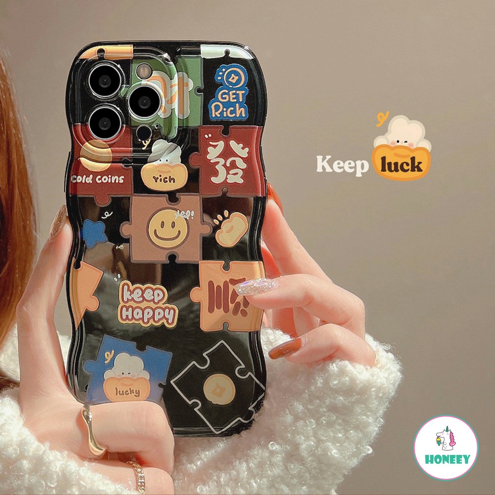 IPHONE Casing Puzzle Smiley Face Hitam Gelombang Retro Kompatibel Untuk Iphone11 12 13 14 Pro Max14 Plus Cover Shockproof Bantalan Udara