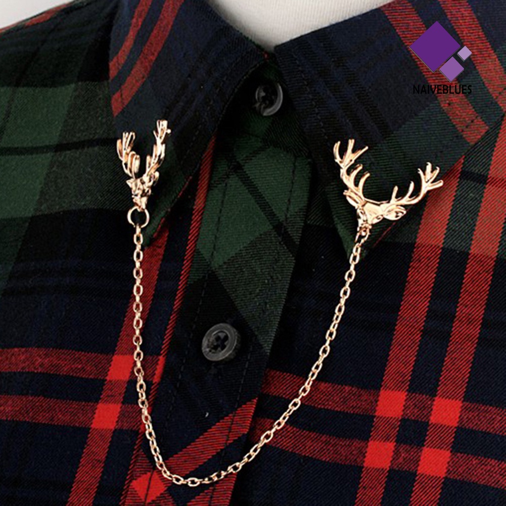&lt; Naiveblues &gt; Fashion Pria Wanita Kemeja Jas Kerah Rusa Bros Pin Dengan Rantai Hadiah