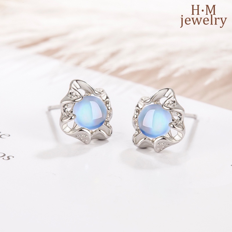 S925 Perak2023Baru Trendi Tidak Teratur Moonstone Renda Anting Pejantan Retro Elegan Bermutu Tinggi Anting-Anting