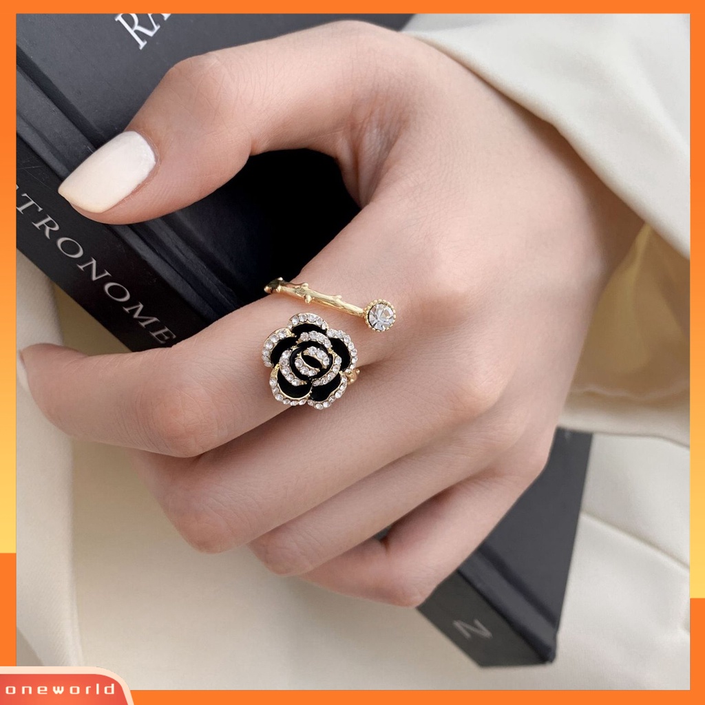 [EONE] Cincin Pengantin Gaya Vintage High-end Lengket Besar Bentuk Mawar Hitam Pembukaan Knuckle Ring Perhiasan Perempuan