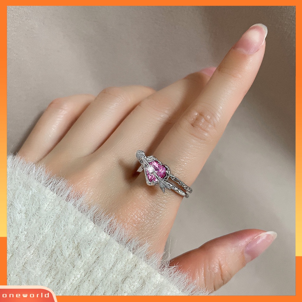 [EONE] Wanita Cincin Lapisan Ganda Dapat Disesuaikan Desain Terbuka Eye-catching All-match Perhiasan Hadiah Merah Muda Kristal Imitasi Wanita Panah Melalui Jantung Jari Cincin Aksesoris Fashion