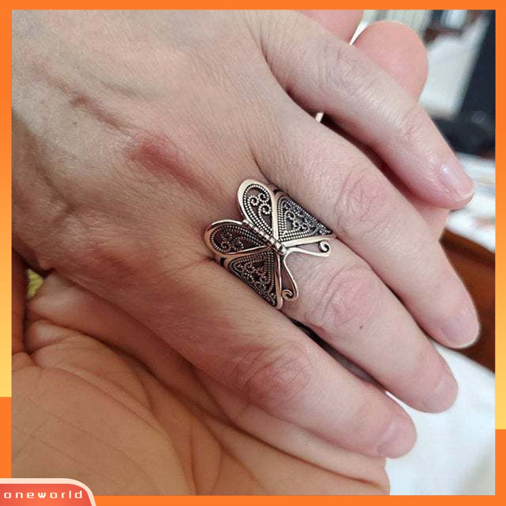 [EONE] Wanita Cincin Ukir Elegan Hypoallergenic Warna Emas Perak Retro Kupu-Kupu Jari Cincin Perhiasan Fashion