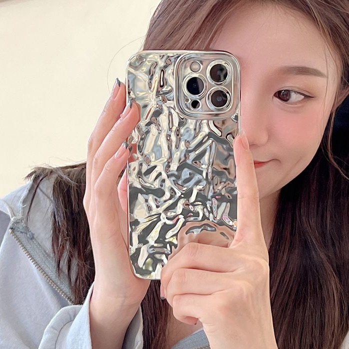 Fashion Shinny Tinfoil Fold Soft Case iPhone 6S 7 8 Plus XR XS Max IPhone 11 12 13 14 Pro Max 14 Plus 7+ 8+ Luxury Silver Mirror Phone Case Camera Protect for Women Girl