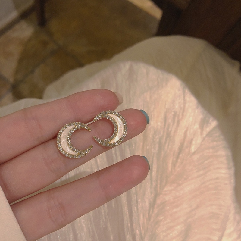 Anting Stud Kristal Bulan Bersinar Untuk Wanita Warna Emas Mewah Ear Studs Perhiasan Hadiah Pesta Pernikahan