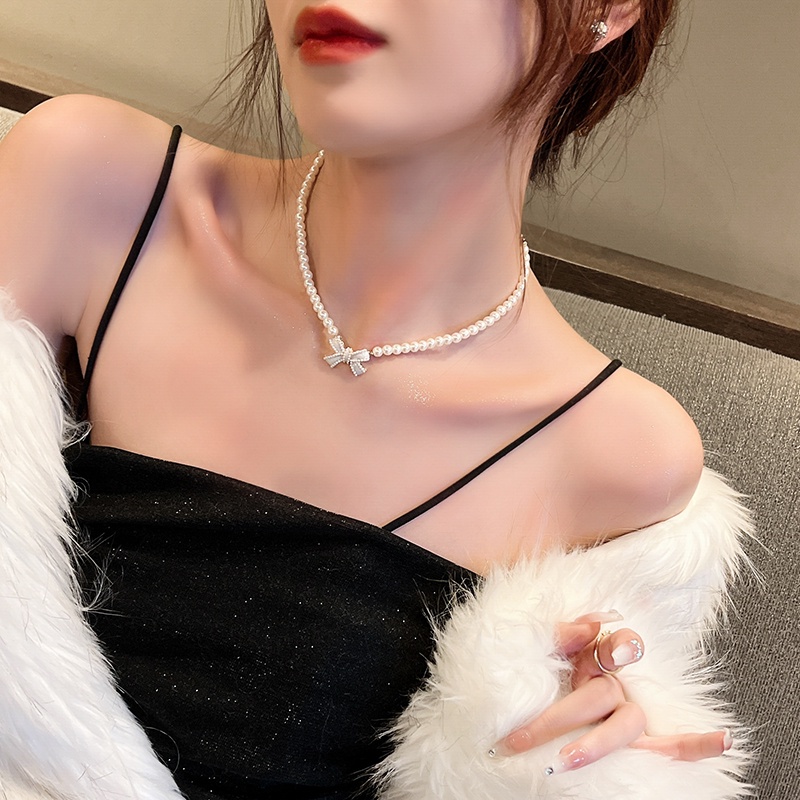 Yeezii Sweet Bow Kalung Untuk Wanita Mutiara Beads Choker Fashion Perhiasan Aksesoris