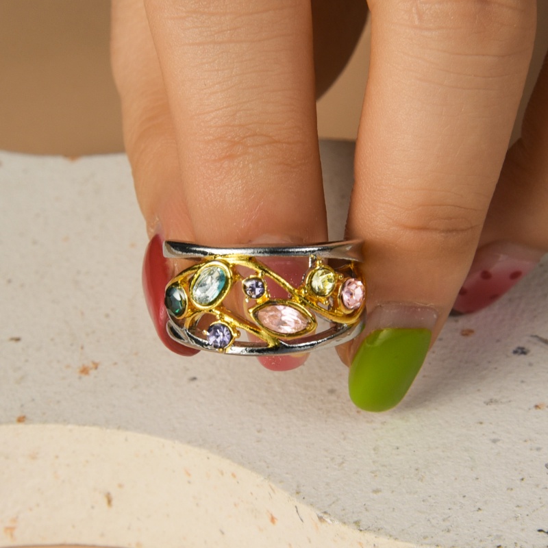 Fashion Sederhana Wanita Multicolor Zirkon Cincin Retro Indah Geometris Berongga Keluar Desain Gelombang Imitasi Batu Permata Jari Rings Perhiasan