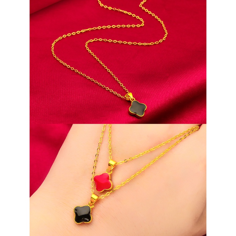 Goldkingdom Aksesoris Perhiasan Fashion Ready Stock Wanita Merah Hitam Tetes Minyak Semanggi Liontin Kalung