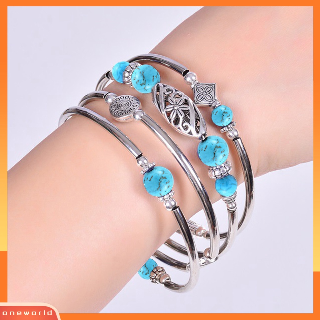 [EONE] Wanita Bangle Batu Alam Etnik Multi Layered Retro Biru Turquoise Beads Bungkus Gelang Perhiasan Aksesoris