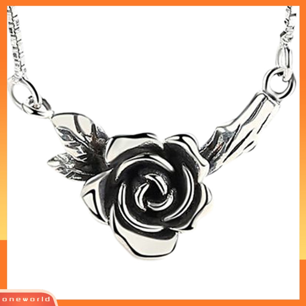 [EONE] Wanita Kalung Vintage Bunga Hitam Rose Stainless Desain Lama Leher Dekorasi Warna Perak Tepi Halus Rose Pendant Necklace Perhiasan Pesta