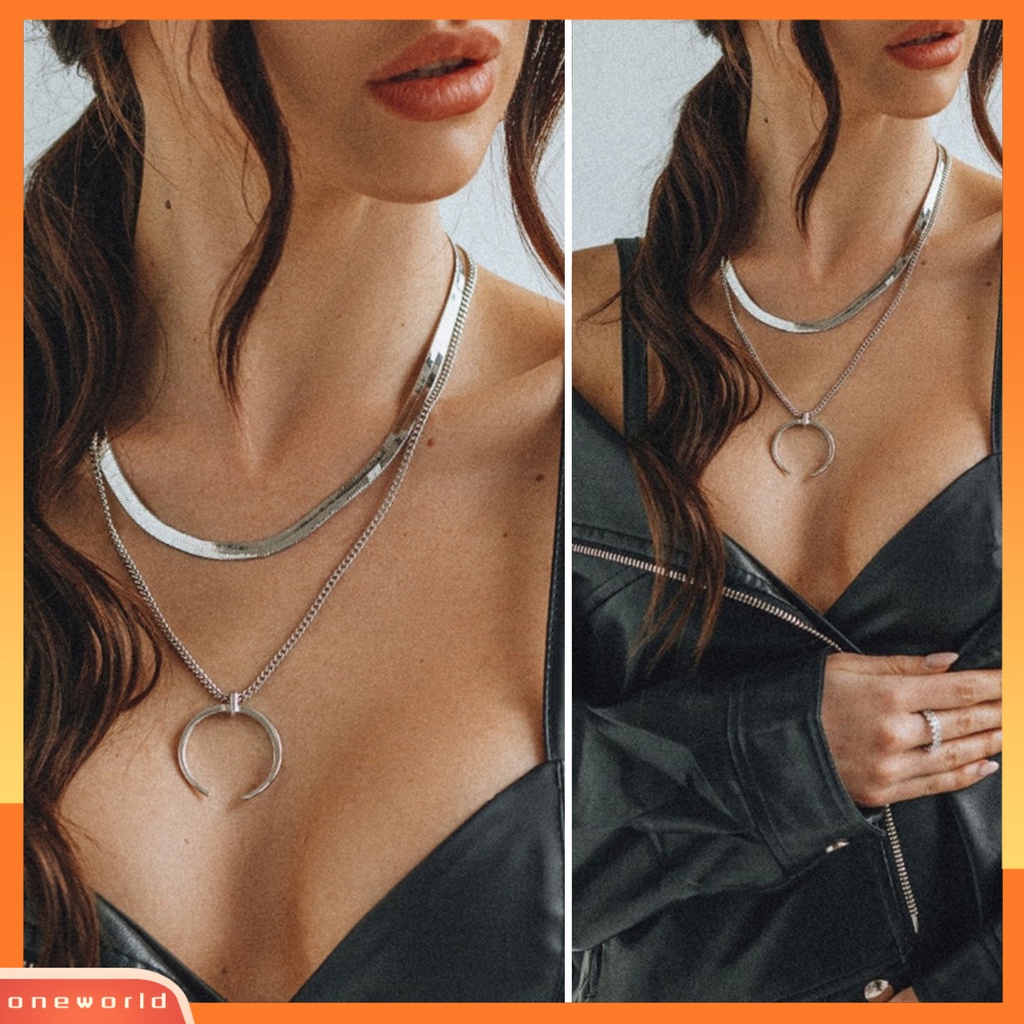 [EONE] Wanita Kalung Sabit Liontin Double Layer Keren Bergaya Snack Rantai Adjustable Alloy Kalung Aksesori Fashion