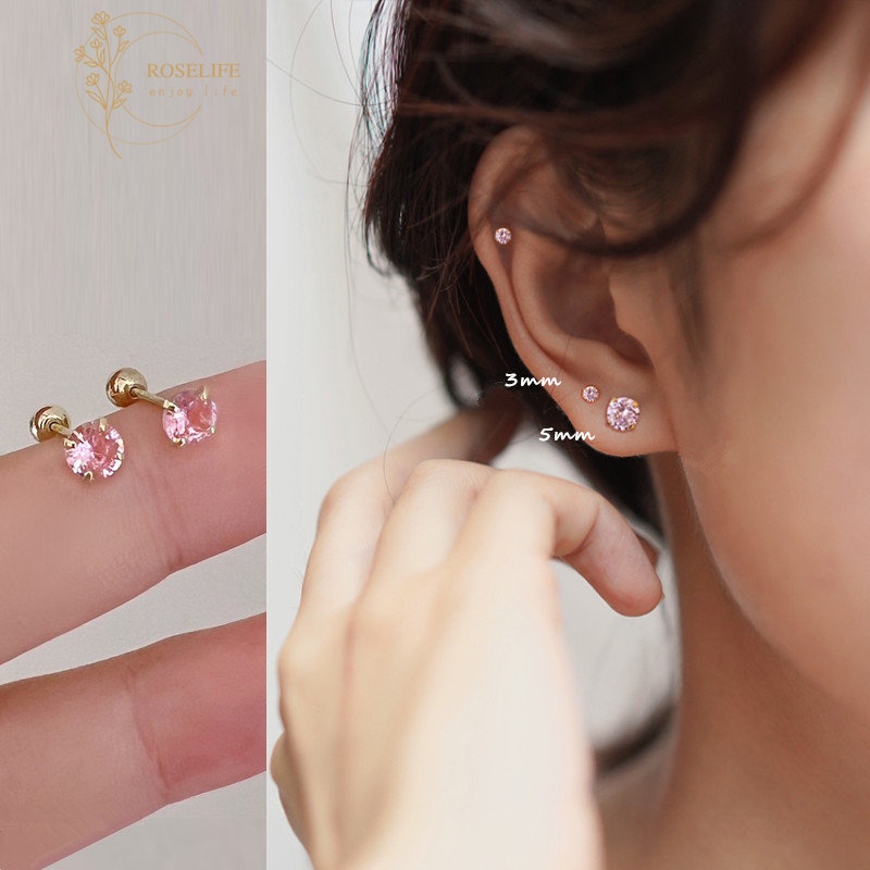 Roselife3 /4 /5 mm Halus 14 K Emas Bersinar Pink Zirkon Stud Anting-Anting Untuk Wanita Perempuan Trendi Bola Kecil Kristal Tindik Anting-Anting Perhiasan Aksesoris