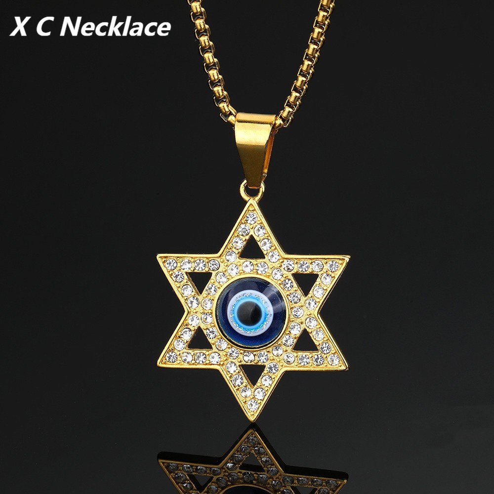 [X C Kalung] Baru Anti Karat Lapis Emas Enam Mangga Yahudi Bintang Star of David Kalung Pria Liontin Kalung