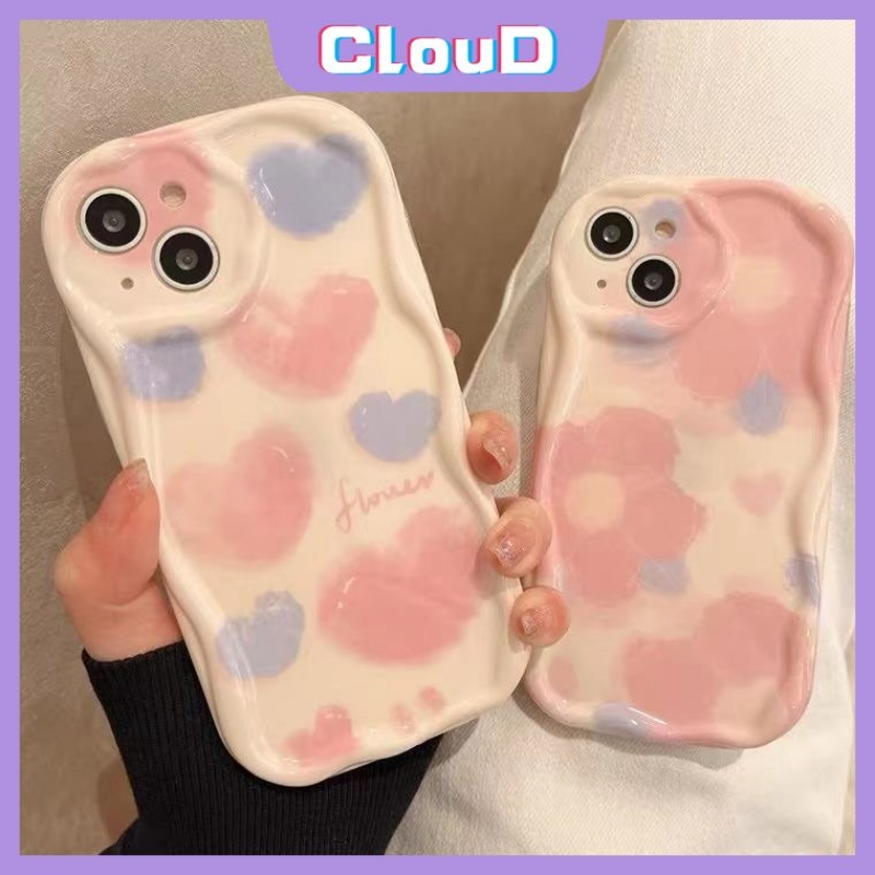 IPHONE Casing Bunga Cat Air Kompatibel Untuk Iphone11 14 12 13 Pro Max8 6s 7 6 Plus XR X XS Max 7Plus SE 2020 8Plus Shockproof 3D Wavy Curved Edge Soft Glossy Love Heart Cover