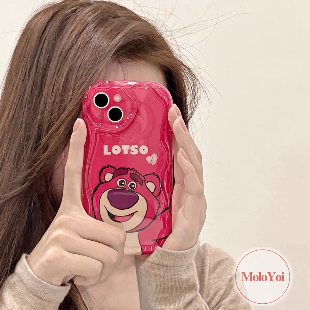 IPHONE Casing Ponsel Manyo Beruang Strawberry Merah Mawar Kompatibel Untuk Iphone7 8 6s 6plus11 12 13 14 Pro Max XR X XS Max SE 2020 3D Wavy Curved Edge Glossy Shockproof Tpu Soft Cover