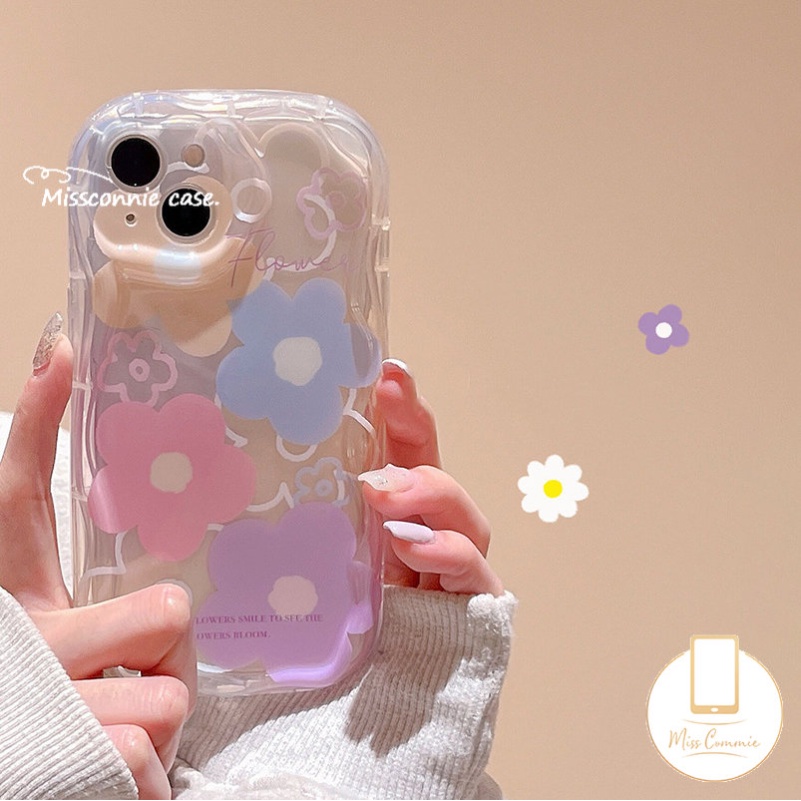 IPHONE Casing Bunga Segar Warna-Warni Kompatibel Untuk Iphone11 14 12 13 Pro Max 7Plus XR X7 8 6s 6 Plus XS Max SE 2020 Shockproof Soft Tpu 3D Wavy Curved Edge Glossy Cover Case