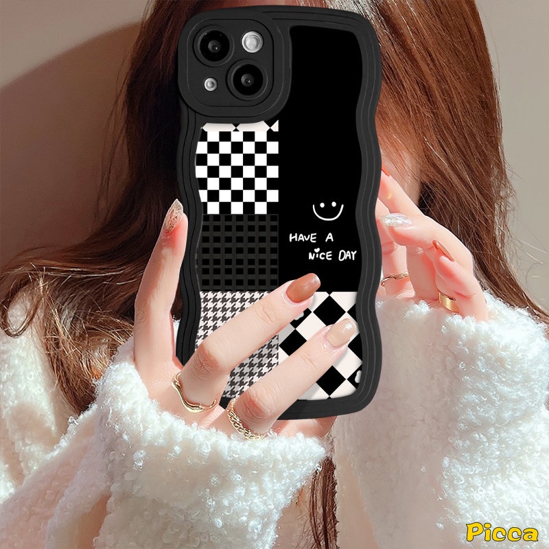 REDMI Untuk Redmi9 10C 12C 10A 9C A1+9A A1 9T 10 Note8 9 11s 9s 11 10s 10 Pro Mi 11T Pro POCO M3 X3 NFC Pro Smiley Berlian Houndstooth Pola Kisi Splicing Tepi Bergelombang Soft Case