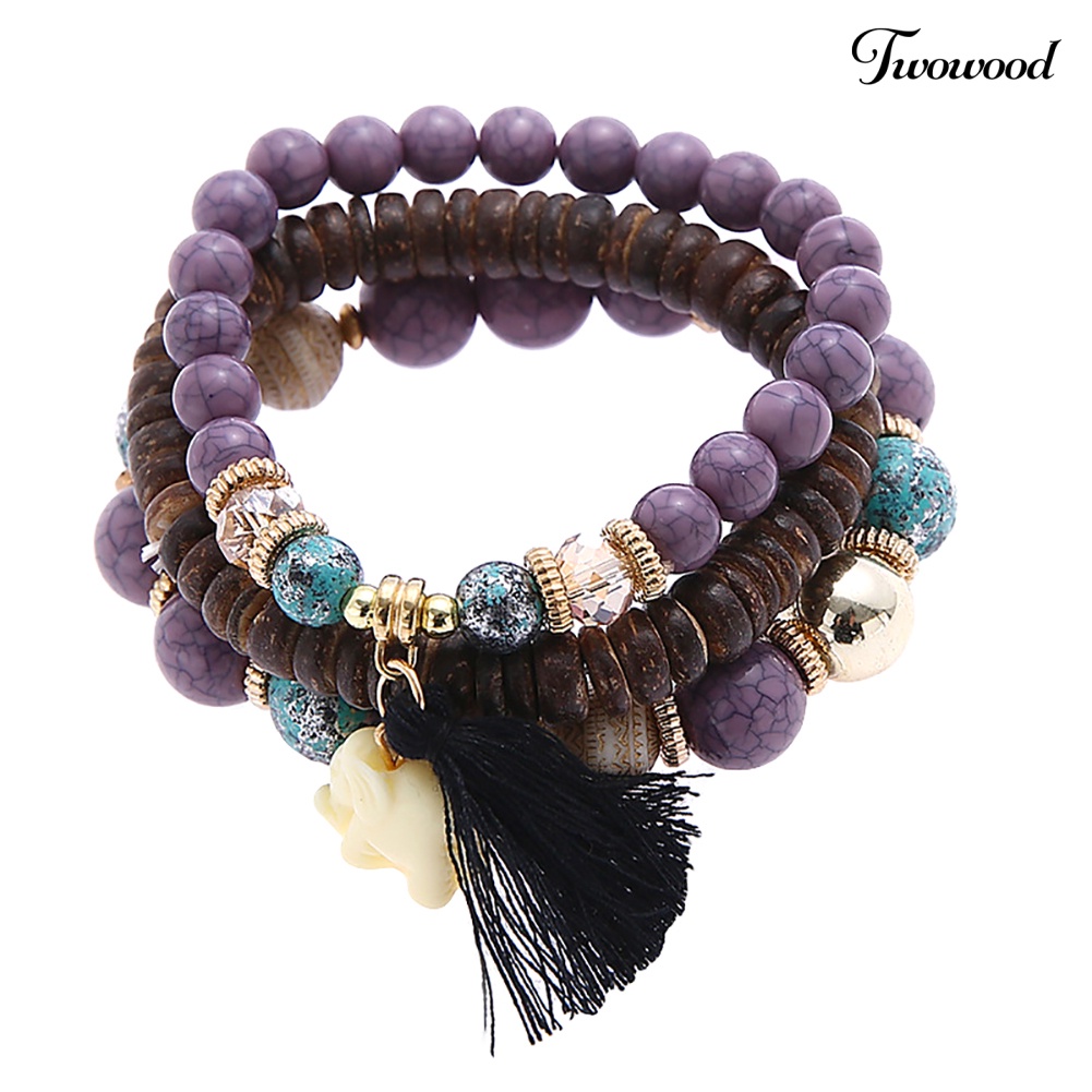 Twowood Etnik Wanita Gajah Rumbai Pesona Faux Turquoise Beads Multilayer Bracelet