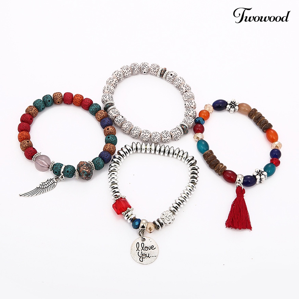 Twowood Bohemian Wanita Rumbai Sayap Disc Pesona Batu Alam Manik-Manik Multilayer Gelang