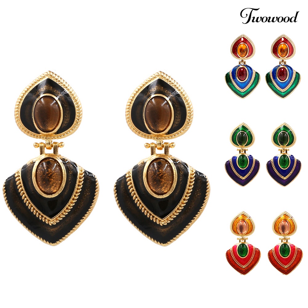 Twowood Wanita Permata Imitasi Hias Enamel Hati Menjuntai Multicolor Stud Earrings Perhiasan Hadiah