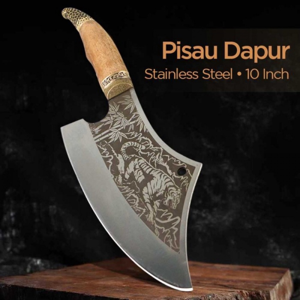 Pisau Dapur Golok Chef Knife Cleaver Wide 8.5Inch Koleksi Ukir Harimau