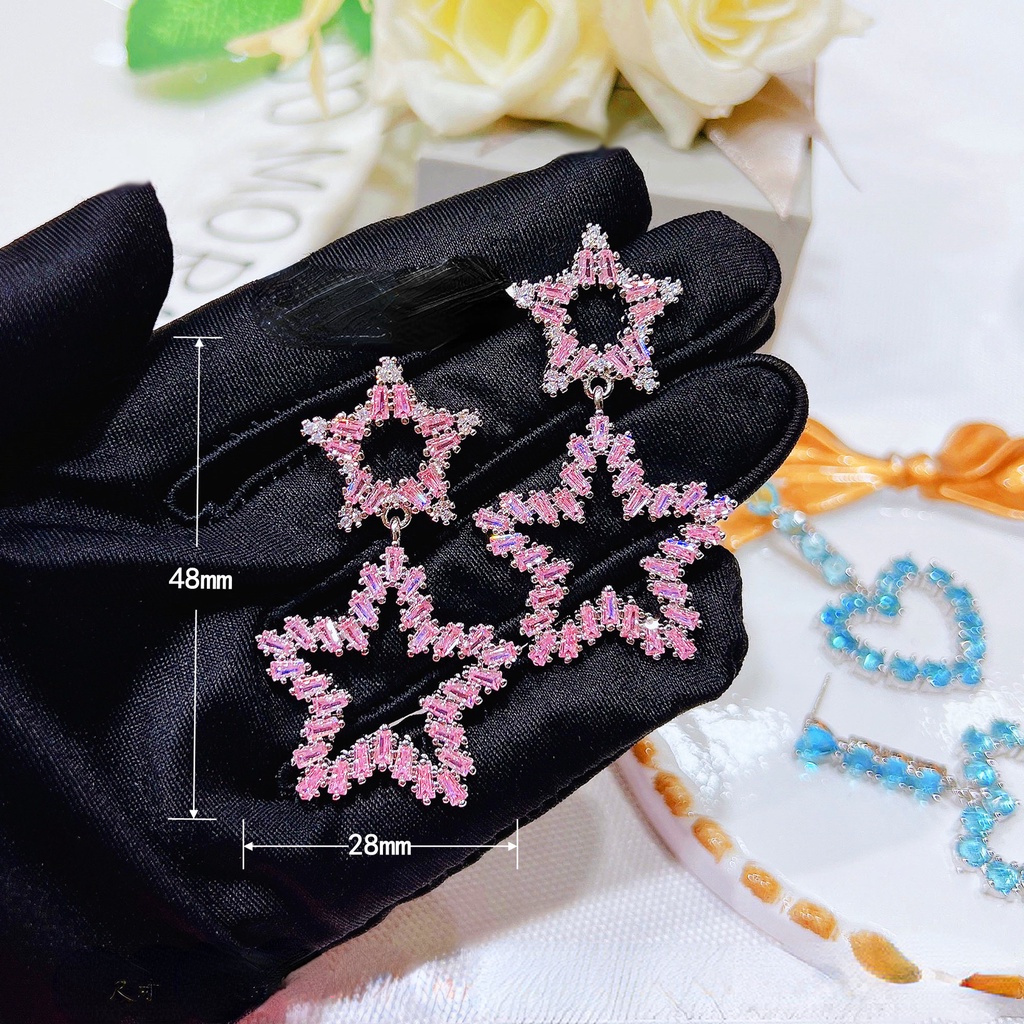 Goldkingdom Aksesoris Perhiasan Fashion Ready Stock T Square Pink Star Shaped Earrings Anting Pejantan Berlian Merah Muda Panjang