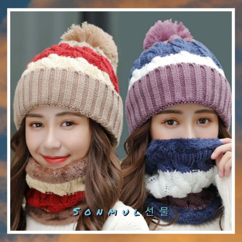 WOMAN WINTER KNIT BEANIE POMPOM STRIPES + SCARF / TOPI RAJUT BULU + SYAL WANITA MUSIM DINGIN