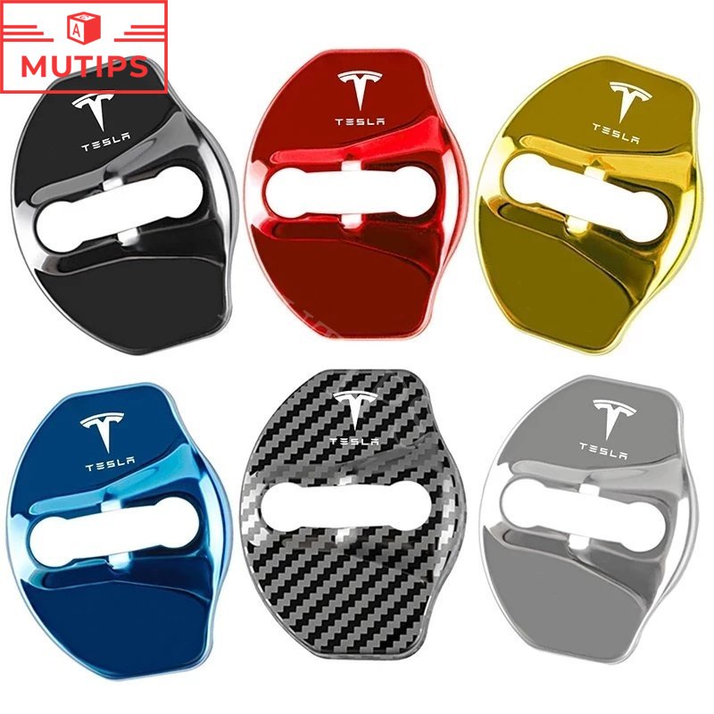 Tesla 4Pcs/set Stainless Penutup Kunci Pintu Mobil Perlindungan Stiker Emblem Logam Decal Untuk Model3