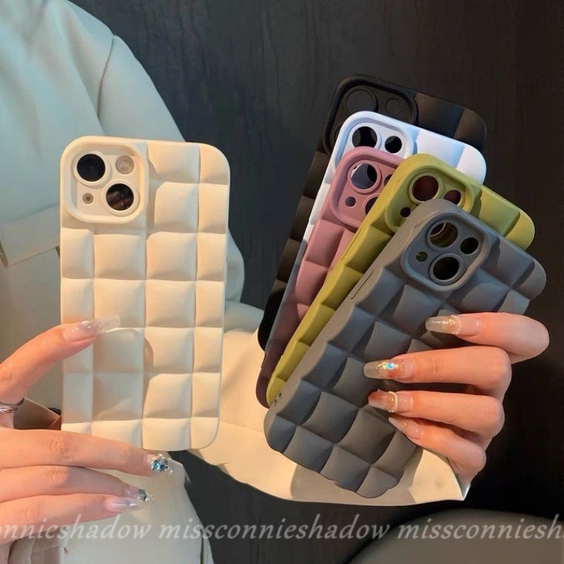 IPHONE Casing Ponsel Kotak Cek Stereoskopik Vintage Mewah Simple Warna Permen Kompatibel Untuk Iphone11 12 13 14 Pro MAX 7 8 6 6s Plus XR X XS MAX SE 2020 Shockproof Soft TPU Back Cover