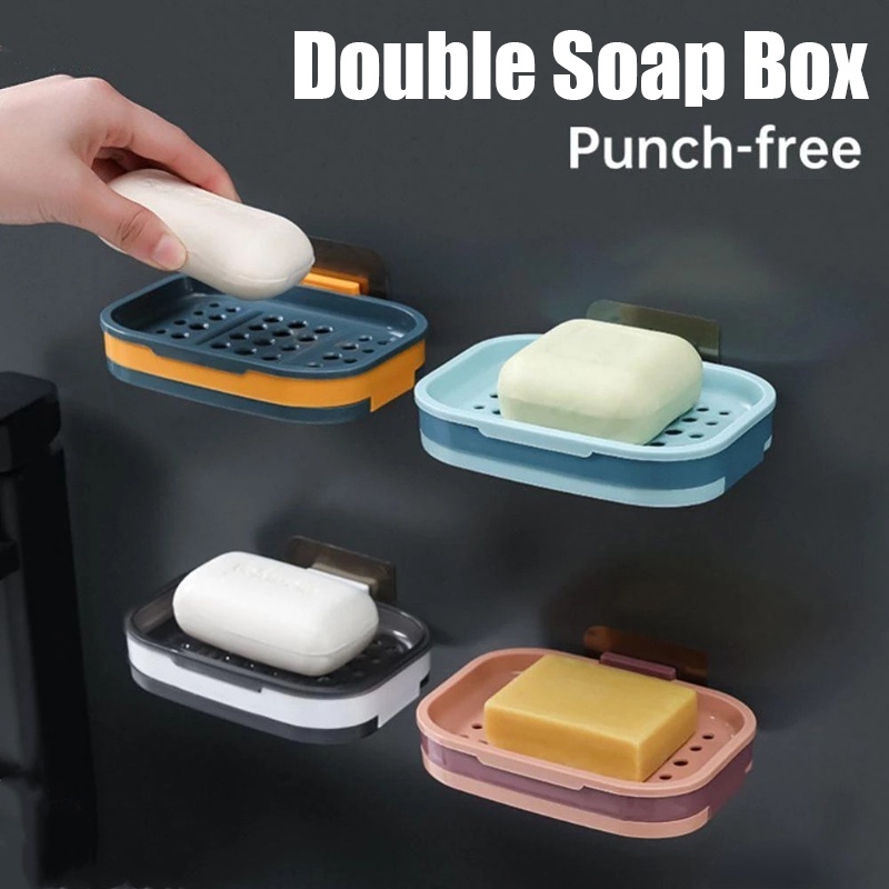 Tempat Sabun Non-slip High Quailty Punch Free Wadah Sabun Kotak Penyimpanan Sabun Double Layer Soap Drain Rack Self-Adhesive Dinding Piring Sabun Kreatif Rumah Tangga Kamar Mandi Gadget