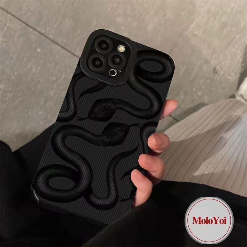 IPHONE Casing Tahan Guncangan Ular Raja Hitam Tekstur Kulit Mewah Kompatibel Untuk Iphone11 Pro Max12 14 13 Pro MAX 7Plus XR XS X Max7 8 Plus Silikon Lembut Phone Cover