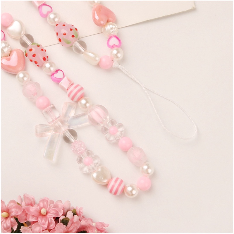 Gadis Lucu Pink Strawberry Anti Hilang Tali Universal Untuk Semua Ponsel Case Cover Manik-Manik Bunga Rantai Untuk iPhone Untuk Samsung Untuk OPPO Untuk VIVO Untuk Huawei Untuk Redmi Untuk Xiaomi