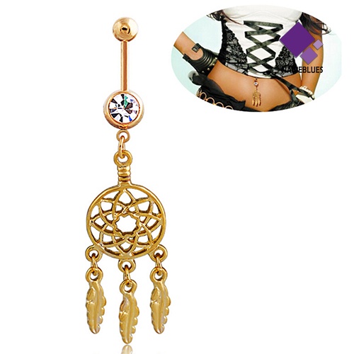 &lt; Naiveblues &gt; Nada Emas Daun Liontin Pusar Barbel Berlian Imitasi Tindik Kancing Cincin