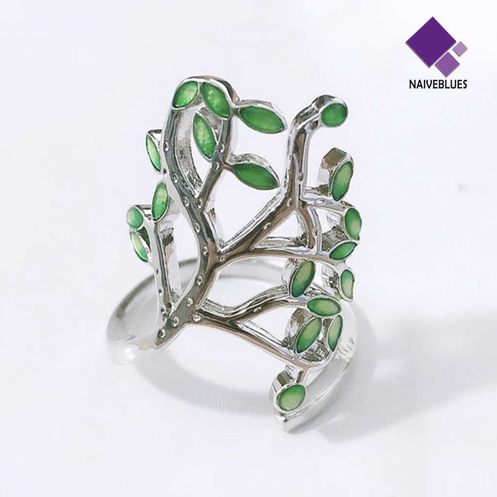 &lt; Naiveblues &gt; Cincin Unisex Bukaan Adjustable Tembaga Cabang Hijau Daun Aksesoris Cincin