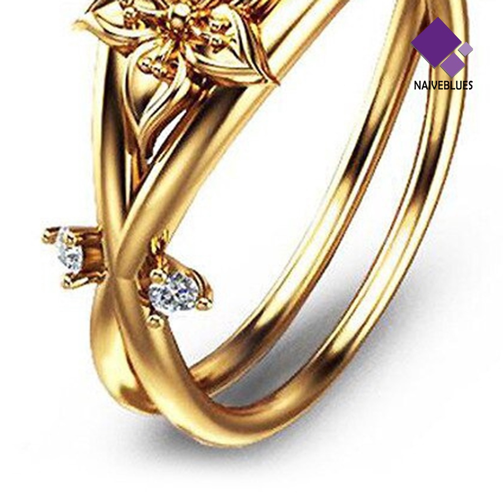 &lt; Naiveblues &gt; Cincin Wanita Bunga Perhiasan Lapisan Ganda Berkilau Fashion Penampilan Cincin Untuk