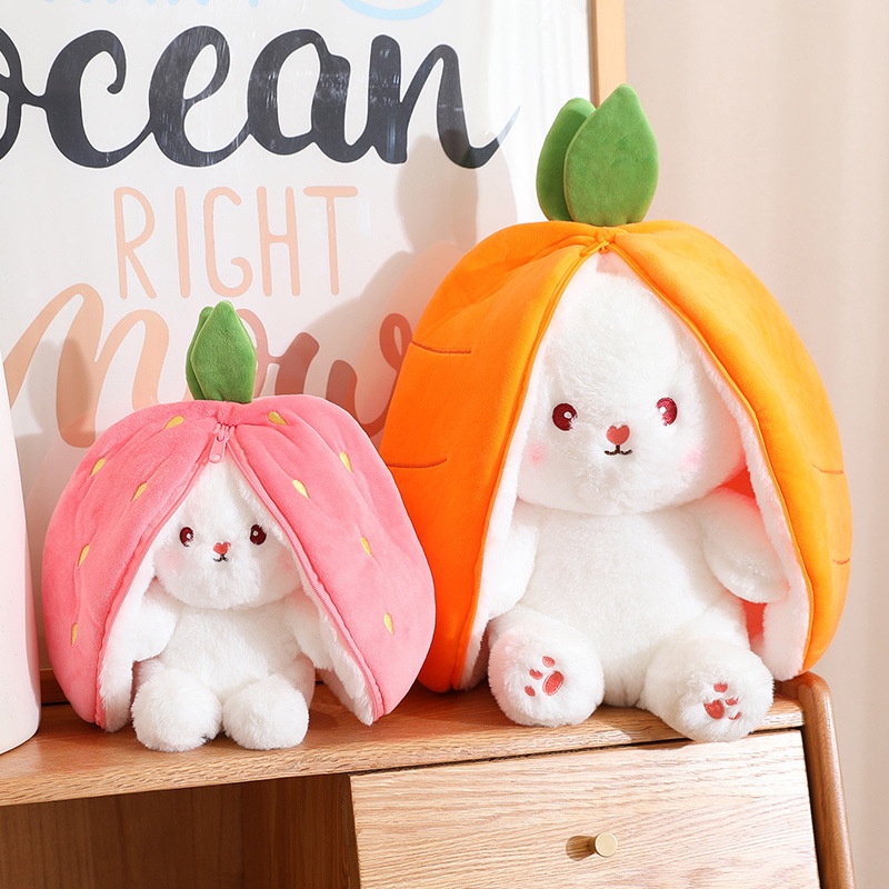 Kreatif Transformasi Boneka Plush Strawberry Kelinci Mainan Mewah Wortel Flip Boneka Kelinci Putih Hadiah Anak